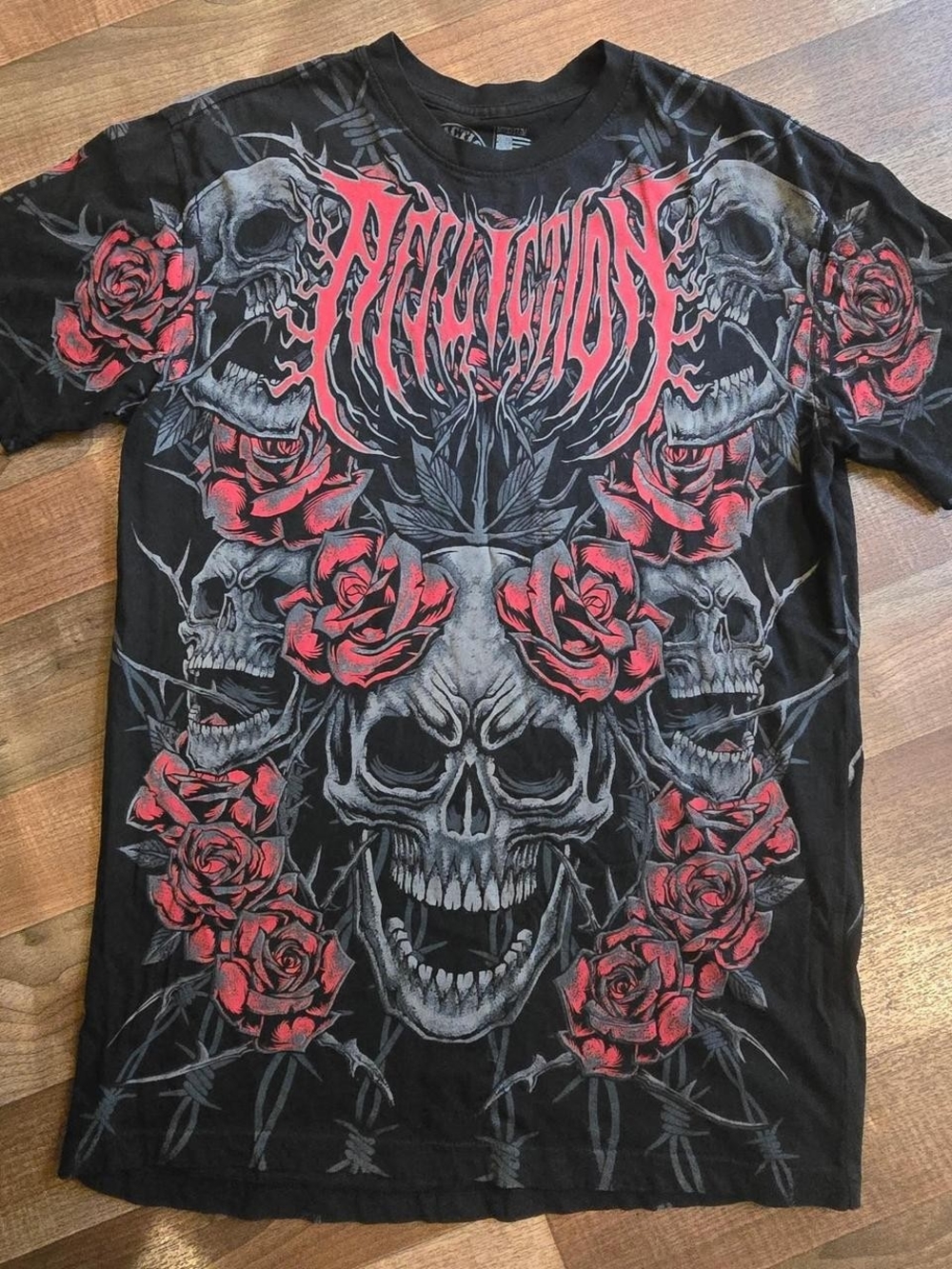 Affliction Bloodletter Graphic T-Shirt Skull Roses Y2K Cyber Grunge Biker Medium